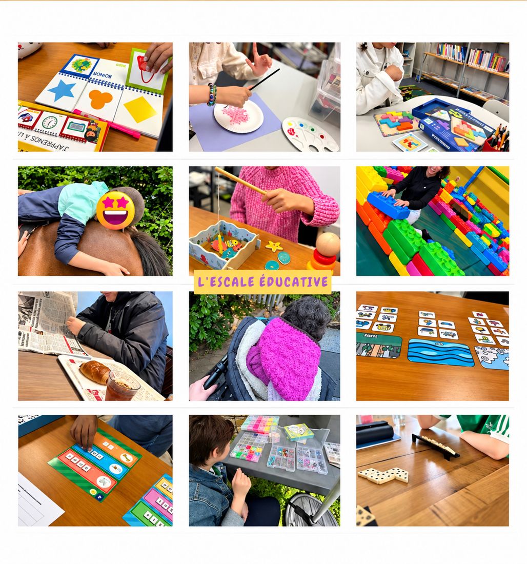 Mosaïque d'activités éducatives : jeux, peinture, constructions, médiation animale